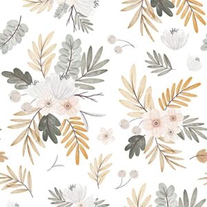 Boho Wallpaper Peel and Stick Watercolor Autumn Flowers Wallpaper Honey Wheat Watercolor Leaf Wallpaper White Removable Wallpaper Wall Decor 17.32″x118.11″ Covering 14.2 sq.ft