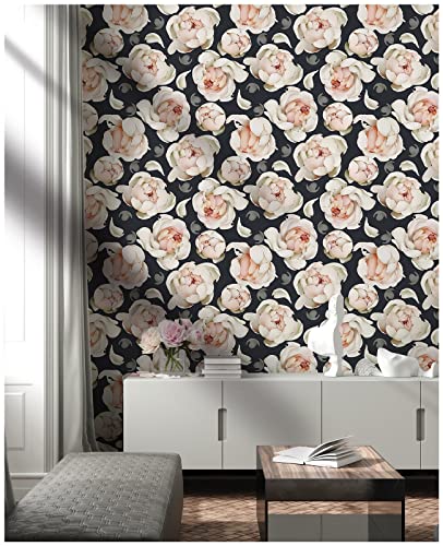 HaokHome 93254-1 Floral Wallpaper Peel and Stick Removable Peonies Floral Black/Cream/Pink Vinyl Stick on Mural 17.7in x 9.8ft | The Storepaperoomates Retail Market - Fast Affordable Shopping