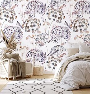 HaokHome 93265 Wild Floral Peel and Stick Wallpaper Retro Removable White/Purple/Brown Stick on Wild Mural 17.7in x 9.8ft