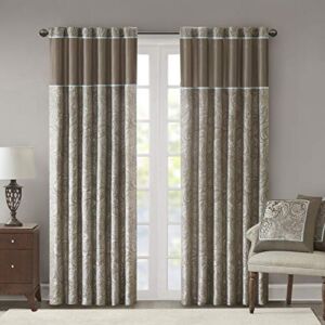 Madison Park Aubrey Faux Silk Paisley Jacquard, Rod Pocket Curtain with Privacy Lining for Living Room, Kitchen, Bedroom and Dorm, 50 in x 84 in, Taupe/Blue