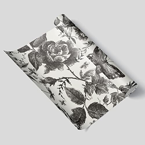 JiffDiff Peel and Stick Wallpaper Floral Wallpaper Vintage Vinyl Wall Paper for Bedroom Kitchen Cabinet, Removable Sketch Rose Butterfly Garden Black and White Wall Decor 15.7″x393.7″(43.1 sq.feet) | The Storepaperoomates Retail Market - Fast Affordable Shopping