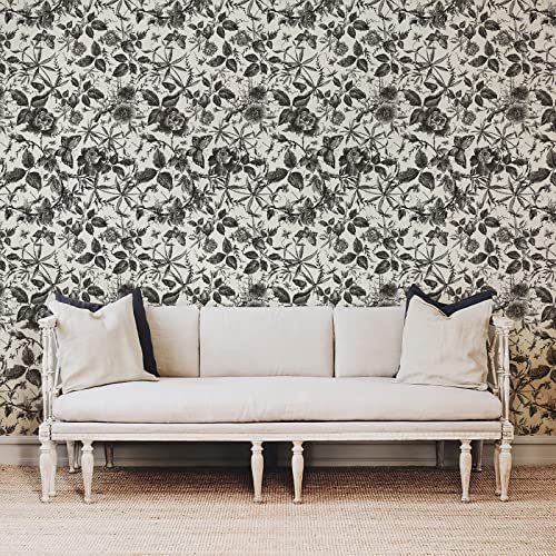 JiffDiff Peel and Stick Wallpaper Floral Wallpaper Vintage Vinyl Wall Paper for Bedroom Kitchen Cabinet, Removable Sketch Rose Butterfly Garden Black and White Wall Decor 15.7″x393.7″(43.1 sq.feet) | The Storepaperoomates Retail Market - Fast Affordable Shopping