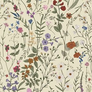 Wallpaper Self-Adhesive Blooming Vintage Colourful Flowers Wall Paper for Bedroom Living Room Cabinet, Peel and Stick Beige Sketch Little Flowers Wallpaper Mural 14.2 sq. feet (118.1″x17.3″)