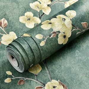 Farrich Vintage Floral Wallpaper Peel and Stick 3D Embossed Flower Contact Paper Self Adhesive Tree&Leaf Green Floral Wall Paper Natural Non-Woven Decorative Wallcoverings for Bedroom 20.8″ x 118″