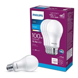 Philips LED High Lumen A19 Bulb, Non-Dimmable, 1500 Lumen, Daylight (5000K), 13.5W=100W, E26 Base, 4-Pack