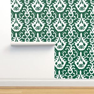 Commercial Grade Wallpaper 27ft x 2ft – Ikat Emerald Boho Green Traditional Wallpaper by Spoonflower