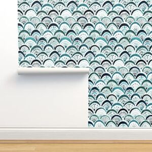 Commercial Grade Wallpaper 27ft x 2ft – Mermaid Scallop Green Blue Boho Traditional Wallpaper by Spoonflower