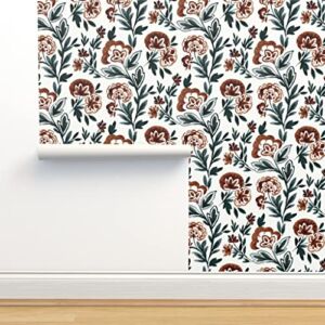 Commercial Grade Wallpaper 27ft x 2ft – Bohemian Folk Floral Boho Vintage Farmhouse Rust Teal Traditional Wallpaper by Spoonflower