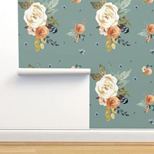 Commercial Grade Wallpaper 27ft x 2ft – Western Autumn Green Boho Woodland Floral Flowers Fall Traditional Wallpaper by Spoonflower
