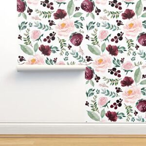 Commercial Grade Wallpaper 27ft x 2ft – Wild Heart Florals White Burgundy Pink Boho Flowers Nursery Autumn Traditional Wallpaper by Spoonflower