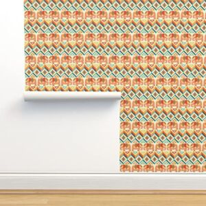 Commercial Grade Wallpaper 27ft x 2ft – Elephant Kilim Peach Elephants Coral Aqua Geometric Boho Modern Bright Summer Colors Bohemian Traditional Wallpaper by Spoonflower