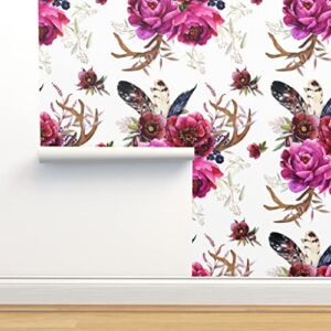 Commercial Grade Wallpaper 27ft x 2ft – Bohemian Holidays White Pink Boho Feather Gray Purple Flowers Wedding Floral Traditional Wallpaper by Spoonflower