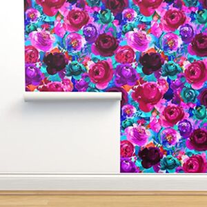 Commercial Grade Wallpaper 27ft x 2ft – Boho Aqua Hot Pink Floral Flowers Purple Traditional Wallpaper by Spoonflower