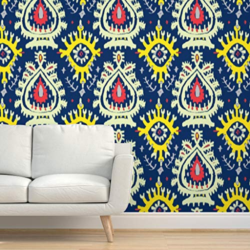 Commercial Grade Wallpaper 27ft x 2ft – Emerald Ikat Tribal Ethnic Bright Inspired Boho Bold Yellow Blues Traditional Wallpaper by Spoonflower | The Storepaperoomates Retail Market - Fast Affordable Shopping