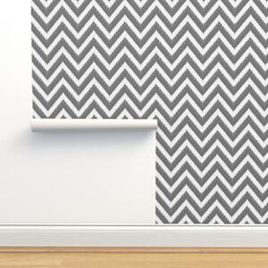 Commercial Grade Wallpaper 27ft x 2ft – Charcoal White Ikat Chevron Boho Geometric Traditional Wallpaper by Spoonflower