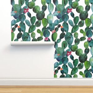 Commercial Grade Wallpaper 27ft x 2ft – Green Greenery Watercolor Plant Flowers Cactus Cacti Boho Southwestern Traditional Wallpaper by Spoonflower