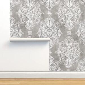 Commercial Grade Wallpaper 27ft x 2ft – White Grey Boho Daisy Bohemian Damask Traditional Wallpaper by Spoonflower
