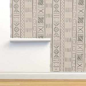 Commercial Grade Wallpaper 27ft x 2ft – Mudcloth Large Bone White Digital Cross Line Boho Geometric Lines Rustic Stripes Traditional Wallpaper by Spoonflower