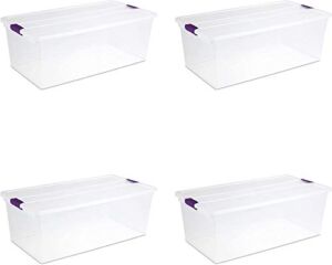 Sterilite 17641704 110 Quart/104 Liter ClearView Latch Box, Clear with Sweet Plum Latches, 4-Pack