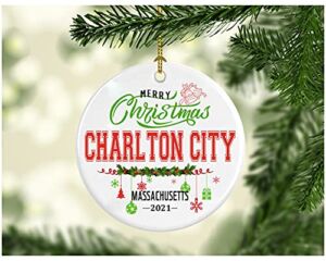 Christmas Decorations Tree Ornament – Gifts Hometown State – Merry Christmas Charlton City Massachusetts 2021 – Gift for Family Rustic 1St Xmas Tree in Our New Home 3 Inches White