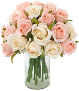 CEWOR 24 Heads Artificial Rose Flowers Bouquet Silk Flowers Roses with Stems for Home Bridal Wedding Party Festival Decor (2 Packs Champagne and Pink)