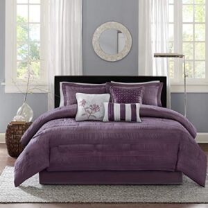Madison Park Hampton Luxe Comforter Set-Modern Stitching Design All Season Down Alternative Cozy Bedding with Matching Shams, Decorative Pillow, Queen (90 in x 90 in), Plum 7 Piece