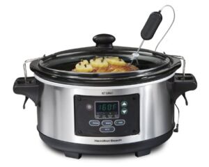 Hamilton Beach Portable 6-Quart Set & Forget Digital Programmable Slow Cooker with Lid Lock, Temperature Probe, Stainless Steel