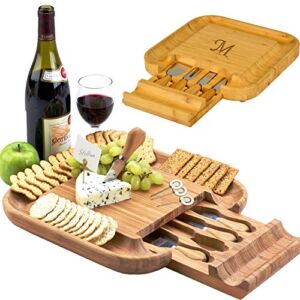 Picnic at Ascot Personalized Monogrammed Engraved Bamboo Cutting Board for Cheese & Charcuterie with Knife Set & Cheese Markers- Designed & Quality Checked in USA