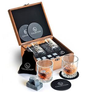 EMcollection’s Birthday Gifts Crystal Bourbon Whiskey Glass 12oz Old-Fashioned | 8 Whiskey Cubes Stones Granite Rocks Chilling Reusable | Coasters & Velvet Bag | All in a Brown Rustic Wooden Box