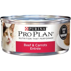 Purina Pro Plan Grain Free Wet Cat Food Pate, COMPLETE ESSENTIALS Beef & Carrots Entree Classic – (24) 5.5 oz. Cans