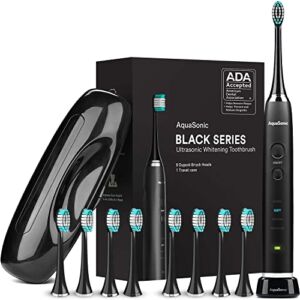 Aquasonic Black Series Ultra Whitening Toothbrush – ADA Accepted Electric Toothbrush – 8 Brush Heads & Travel Case – Ultra Sonic Motor & Wireless Charging – 4 Modes w Smart Timer – Sonic Electric