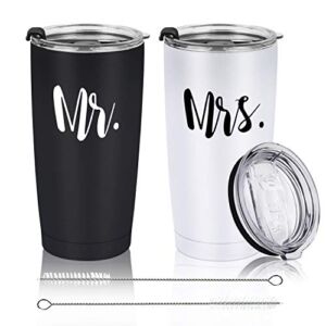 Mr and Mrs Tumbler Set of 2 Stainless Steel Travel Tumbler Ideas for Newlyweds Couples Wife Bride To Be Newly Engaged Bridal Shower, Insulated Travel Tumbler for Wedding Engagement(20 oz, Black&White)