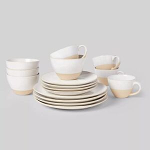 16pc Stoneware Wethersfield Dinnerware Set White – Threshold, White and Light Brown Color.
