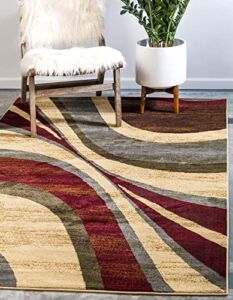 Unique Loom Barista Collection Modern, Abstract, Waves, Urban, Rustic, Warm Colors Area Rug, 5 ft x 8 ft, Beige/Burgundy