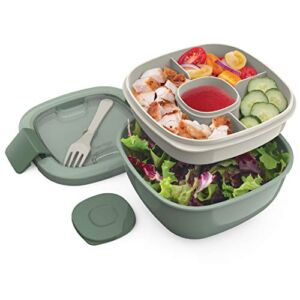 Bentgo® Salad – Stackable Lunch Container with Large 54-oz Salad Bowl, 4-Compartment Bento-Style Tray for Toppings, 3-oz Sauce Container for Dressings, Built-In Reusable Fork & BPA-Free (Khaki Green)