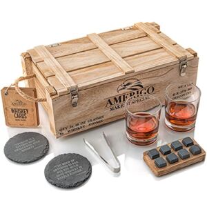Whiskey Stones Gift Set for Men | Whiskey Glass and Stones Set with Rustic Wooden Crate, 8 Granite Whiskey Rocks Chilling Stones, 10oz Whiskey Glasses | Whiskey Gift for Men, Dad, Husband, Boyfriend