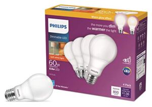 Philips LED Dimmable Warm Glow Effect A19, Flicker-Free, EyeComort Technology, 800 Lumen, 2200K-2700K, 8.8W=60W, E26 Base, Title 20 Certified, 4 Count (Pack of 1)