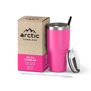 Arctic Tumblers | 30 oz Matte Pink Insulated Tumbler with Straw & Cleaner – Retains Temperature up to 24hrs – Non-Spill Splash Proof Lid, Double Wall Vacuum Technology, BPA Free & Built to Last