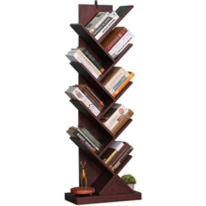 Tree Bookshelf, 9 Shelf Space Saving Tree Bookcase, Narrow Bookshelves for Living Room Bedroom Home Office, Floor Standing Book Organizer Shelf with Wall Anchor, Dark Brown