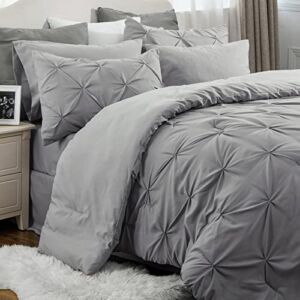 Bedsure Queen Comforter Set 8 Pieces – Pintuck Queen Bed Set, Bed in A Bag Grey Queen Size with Comforters, Sheets, Pillowcases & Shams, Kids Bedding Set