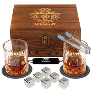 𝗕𝗘𝗦𝗧 𝗚𝗜𝗙𝗧: Gifts For Men Dad – Whiskey Glasses Set of 2 – Crystal Rocks Glass with 6 Stainless Steel Chilling Stones – Bourbon Glasses Gift Set – Old Fashioned Lowball Heavy Scotch Glasses