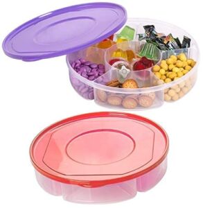 Zilpoo 2 Pack – Candy and Nut Serving Container, Appetizer Tray with Lid, 6 Compartment Round Plastic Food Storage Lunch Organizer, Divided Christmas Keto Snack Plate, Dish Platter w/ Cover, 10-Inch