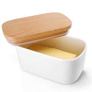 Sweese 303.101 Large Butter Dish – Airtight Butter Keeper Holds Up to 2 Sticks of Butter – Porcelain Container with Beech Wooden Lid, White