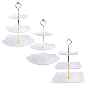 Tosnail 3 Pack 3 Tiers White Plastic Cupcake Stand Dessert Stand Tiered Serving Trays with Gold Rod – Round, Square, Flower