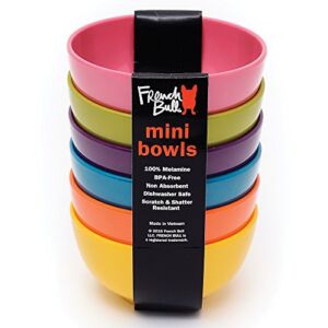 French Bull Melamine Mini Bowls for Snacks, Side Dishes, Dessert, Dipping Sauces or Ice Cream – Colorful Assorted Set of 6 – 10 ounce – 4″ Bowls – Solid Color