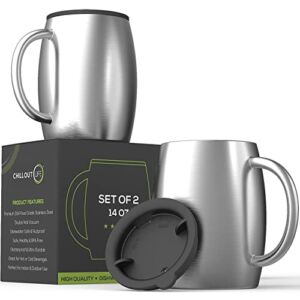 Stainless Steel Insulated Coffee Mugs Set of 2 (14oz) – Double Wall Coffee Cups With Spill Resistant Lid & Strong Handle – Shatterproof Cups for Cold Drinks & Hot Beverages for Indoor & Outdoor Use