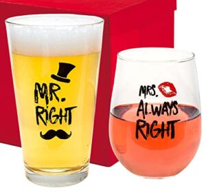 Funny Mr. Right and Mrs. Always Right Novelty Wine Glass and Beer Glass | Includes Fun, Stylish Gift Box | For Weddings, Engagement, Newlywed, Bachelorette, Anniversary, Couples Gifts