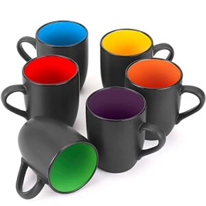 6 Pack Coffee Mug Set, Farielyn-X 16 Ounce Ceramic Coffee Cups, Black Large Coffee mugs, Restaurant Coffee Cups for Coffee, Tea, Cappuccino, Cocoa, Cereal, Matte Black Outside and Colorful Inside