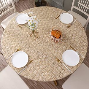 Round Vinyl Fitted Tablecloth with Flannel Backing Elastic Edge Design Table Cover Waterproof Oil-Proof PVC Table Cloth Stain-Resistant Wipeable for Round Table…