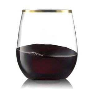 32 Pack Stemless Plastic Wine Glasses Disposable 12 Oz Gold Rim – Shatterproof Recyclable and BPA-Free, Stylish Drinkware for all Beverages, Cocktail Parties, Wedding Reception and Catered Events